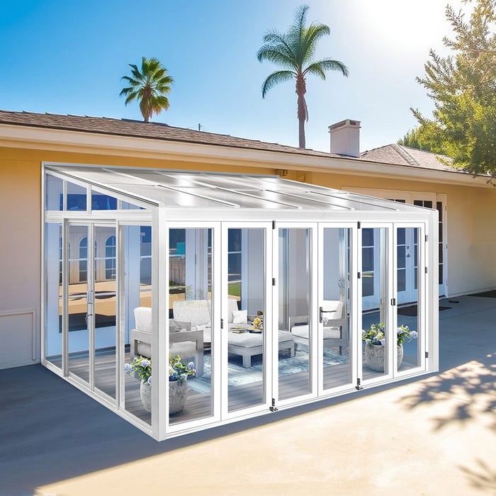 Tempered Glass Sunroom with Bi-Fold Doors Greenhouse Home Addition - White (12' Wide)