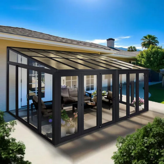 Tempered Glass Sunroom with Bi-Fold Doors Greenhouse Home Addition - Black (16.7' Wide)