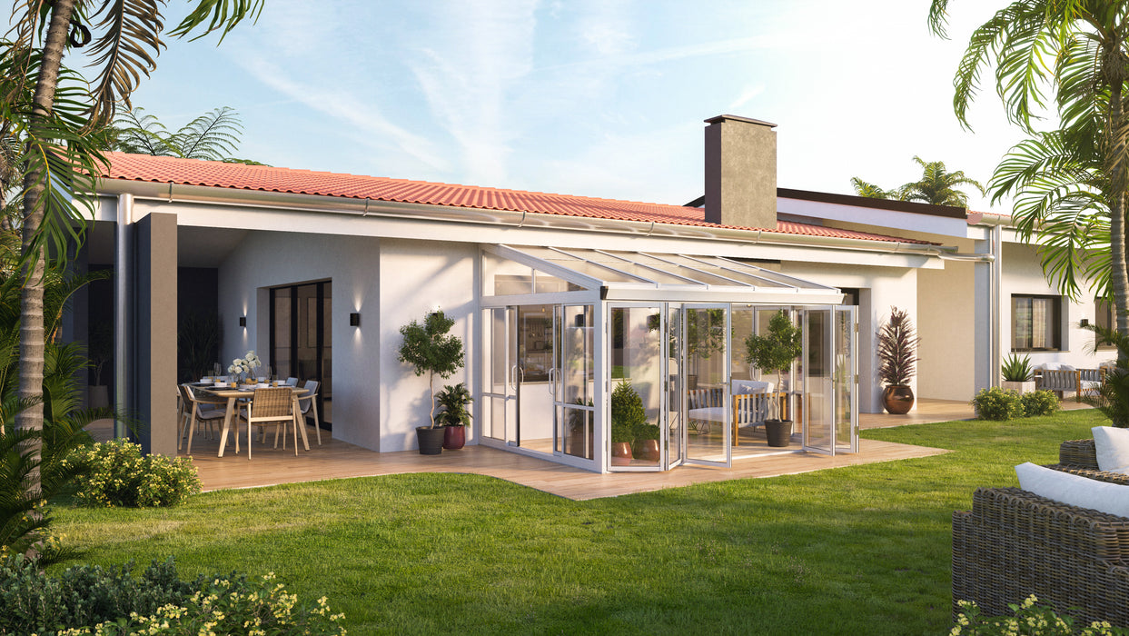 Tempered Glass Sunroom with Bi-Fold Doors Greenhouse Home Addition - White (12' Wide)