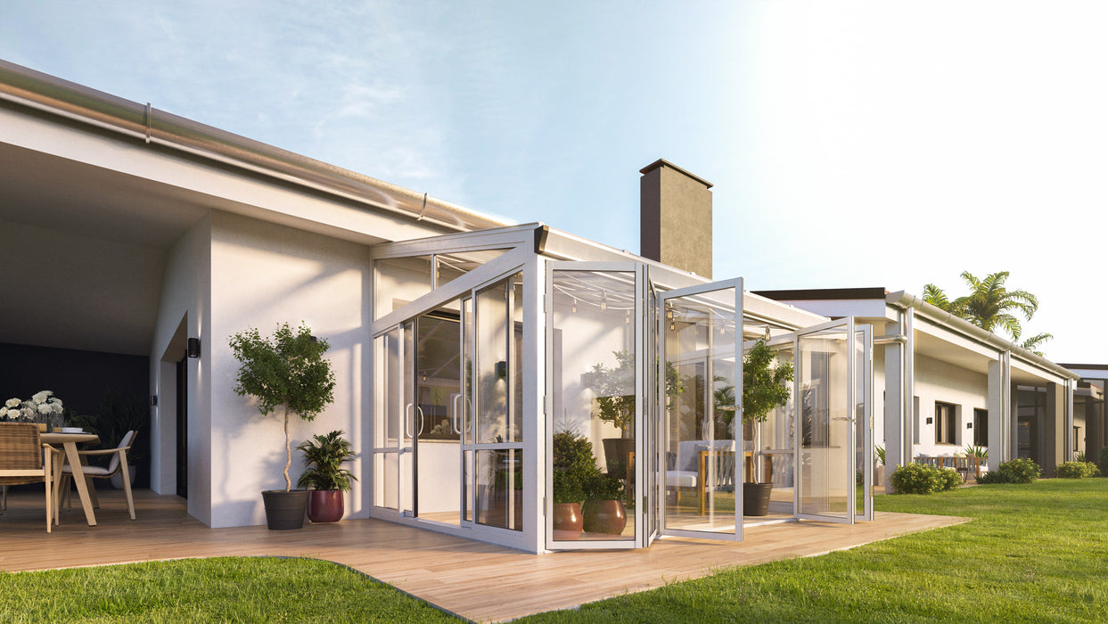 Tempered Glass Sunroom with Bi-Fold Doors Greenhouse Home Addition - White (12' Wide)