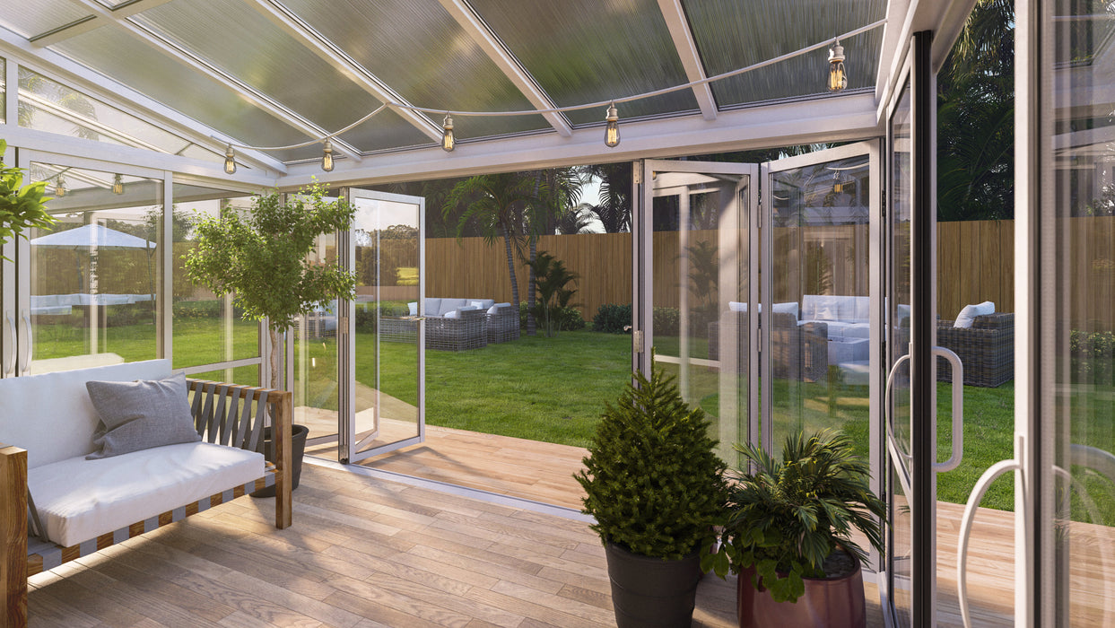 Tempered Glass Sunroom with Bi-Fold Doors Greenhouse Home Addition - White (12' Wide)