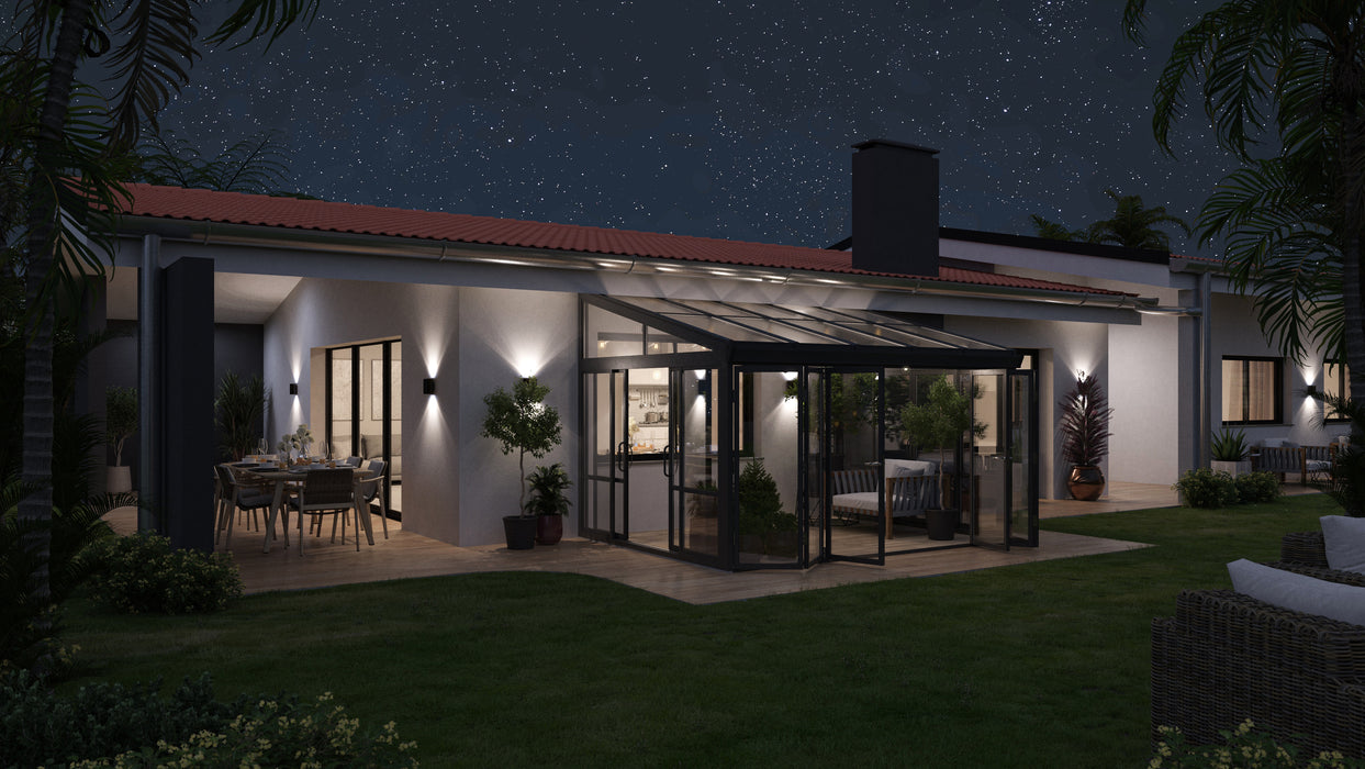 Tempered Glass Sunroom with Bi-Fold Doors Greenhouse Home Addition - Black (12' Wide)