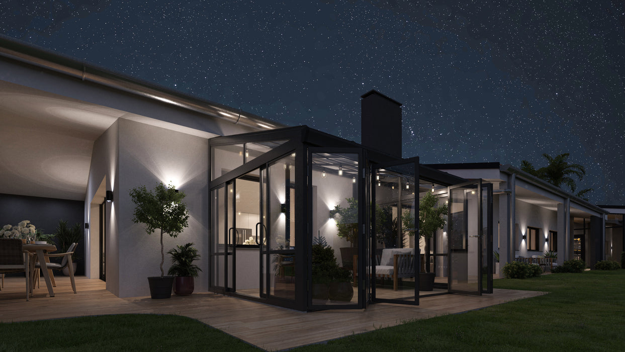 Tempered Glass Sunroom with Bi-Fold Doors Greenhouse Home Addition - Black (12' Wide)