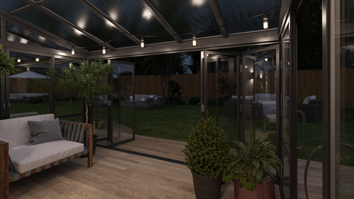 Tempered Glass Sunroom with Bi-Fold Doors Greenhouse Home Addition - Black (12' Wide)