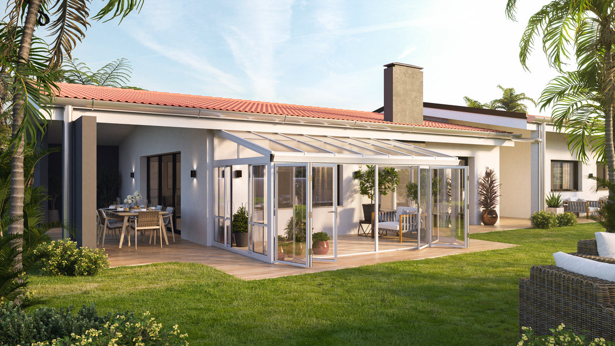 Tempered Glass Sunroom with Bi-Fold Doors Greenhouse Home Addition - White (12' Wide)