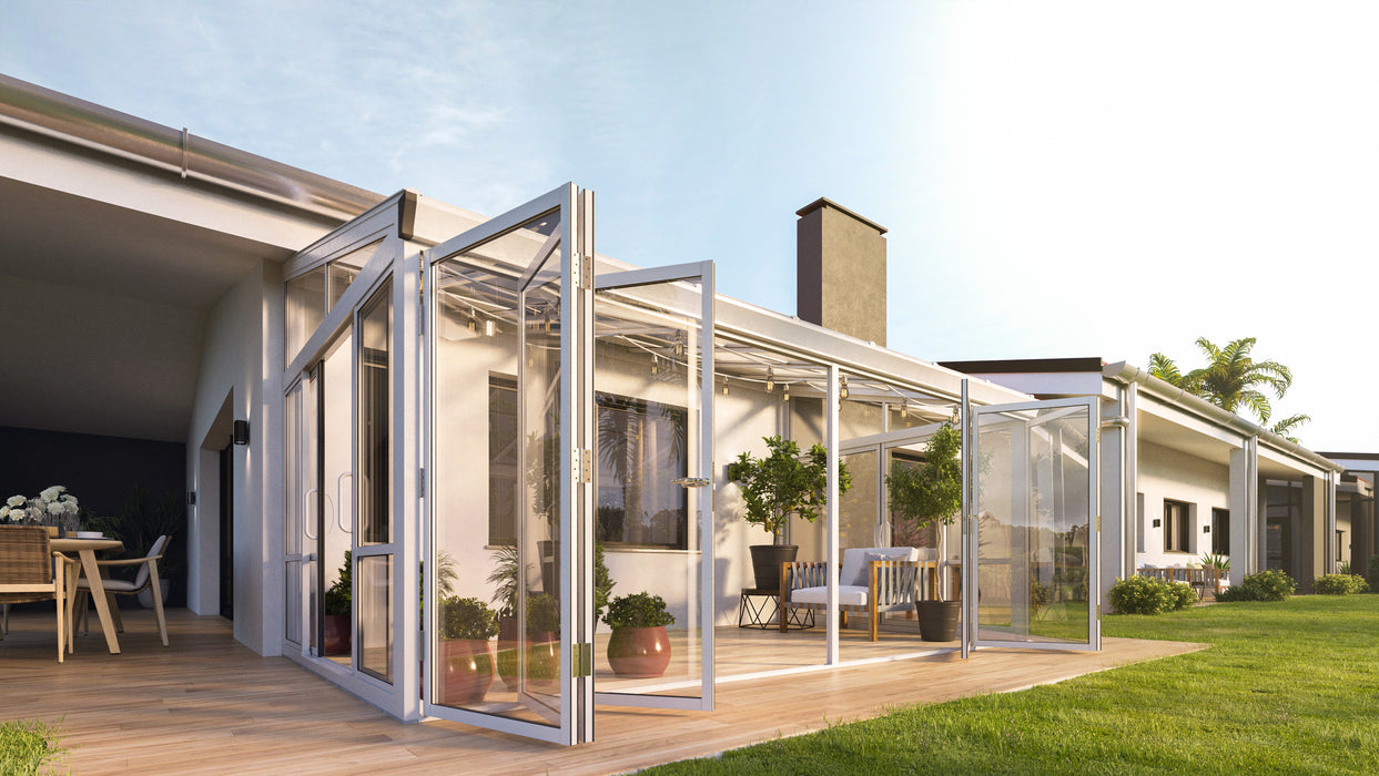 Tempered Glass Sunroom with Bi-Fold Doors Greenhouse Home Addition - White (12' Wide)