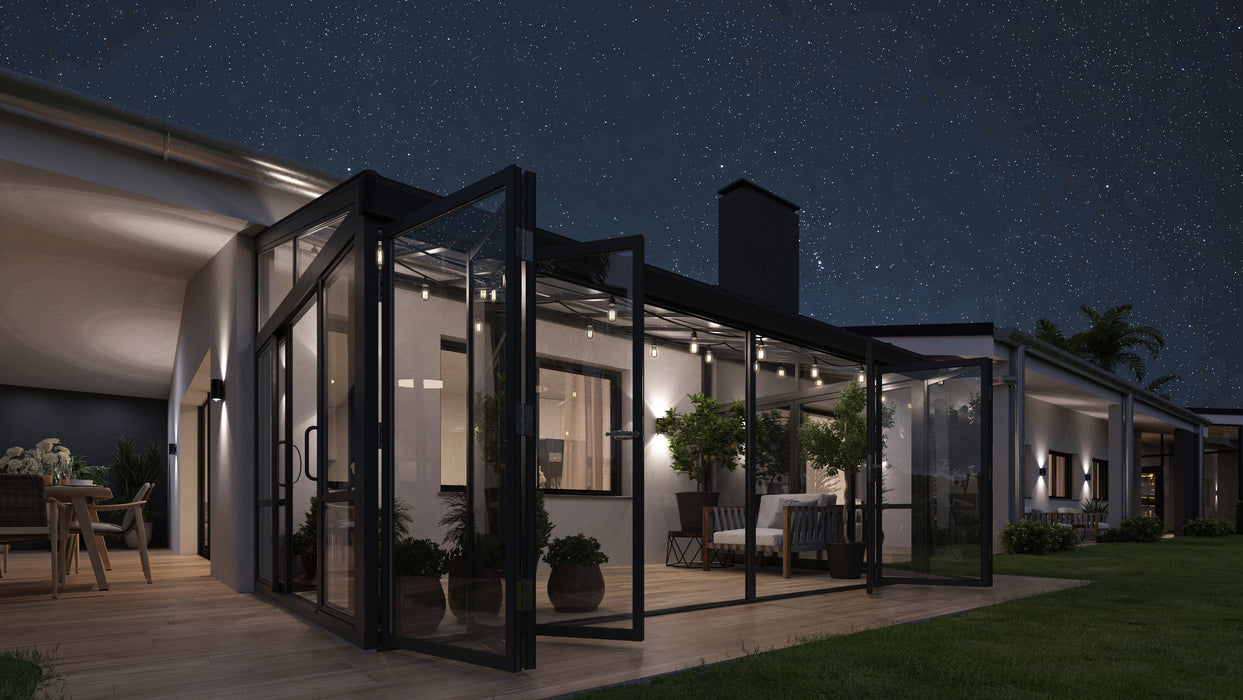 Tempered Glass Sunroom with Bi-Fold Doors Greenhouse Home Addition - Black (12' Wide)