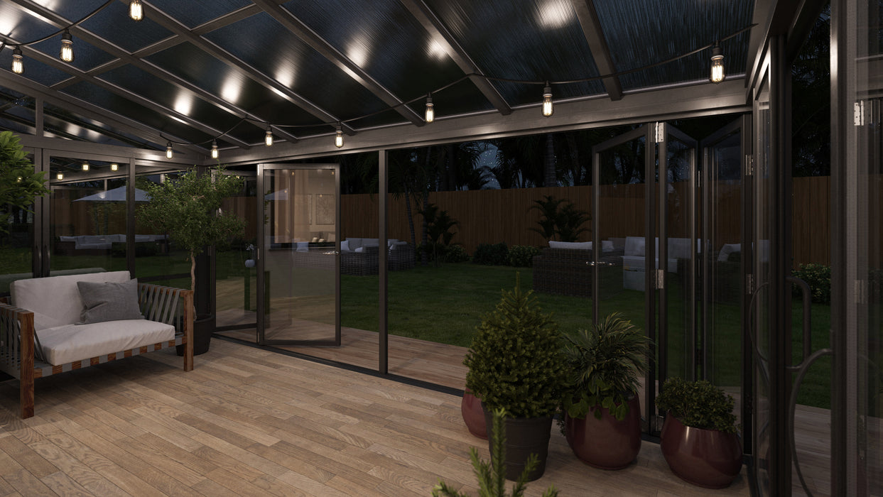 Tempered Glass Sunroom with Bi-Fold Doors Greenhouse Home Addition - Black (12' Wide)