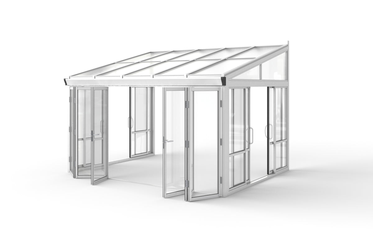 Tempered Glass Sunroom with Bi-Fold Doors – 12 ft White, fully open