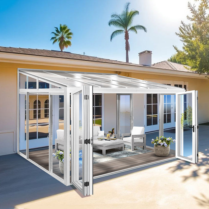 Tempered Glass Sunroom with Bi-Fold Doors Greenhouse Home Addition - White (12' Wide)