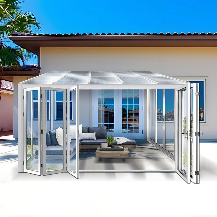 Tempered Glass Sunroom with Bi-Fold Doors Greenhouse Home Addition - White (12' Wide)