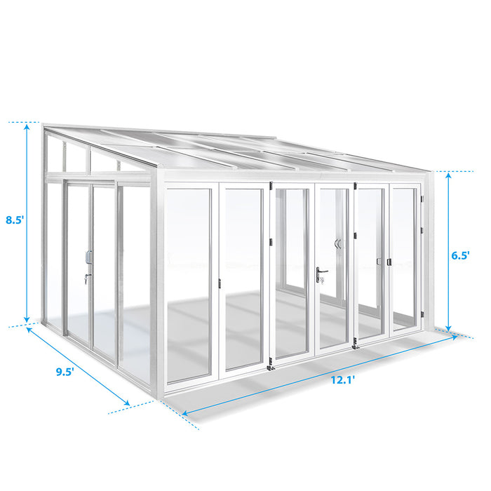 Tempered Glass Sunroom with Bi-Fold Doors Greenhouse Home Addition - White (12' Wide)