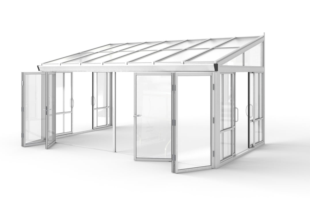 Tempered Glass Sunroom with Bi-Fold Doors Greenhouse Home Addition - White (16.7' Wide)