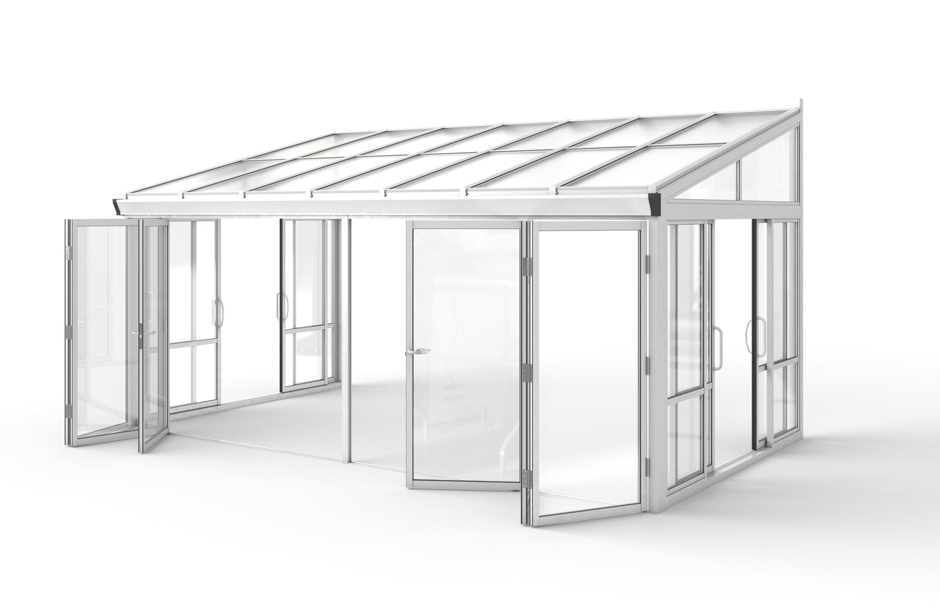Tempered Glass Sunroom with Bi-Fold Doors Greenhouse Home Addition - White (16.7' Wide)