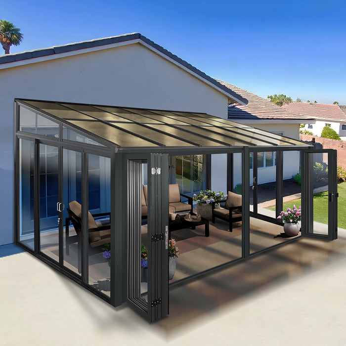 Tempered Glass Sunroom with Bi-Fold Doors Greenhouse Home Addition - Black (16.7' Wide)