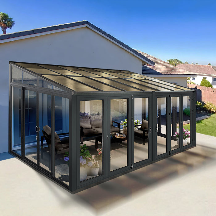 Tempered Glass Sunroom with Bi-Fold Doors Greenhouse Home Addition - Black (16.7' Wide)