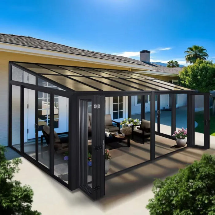 Tempered Glass Sunroom with Bi-Fold Doors Greenhouse Home Addition - Black (16.7' Wide)