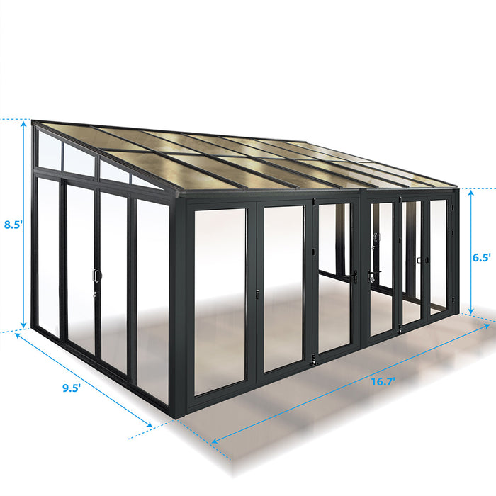 Tempered Glass Sunroom with Bi-Fold Doors Greenhouse Home Addition - Black (16.7' Wide)
