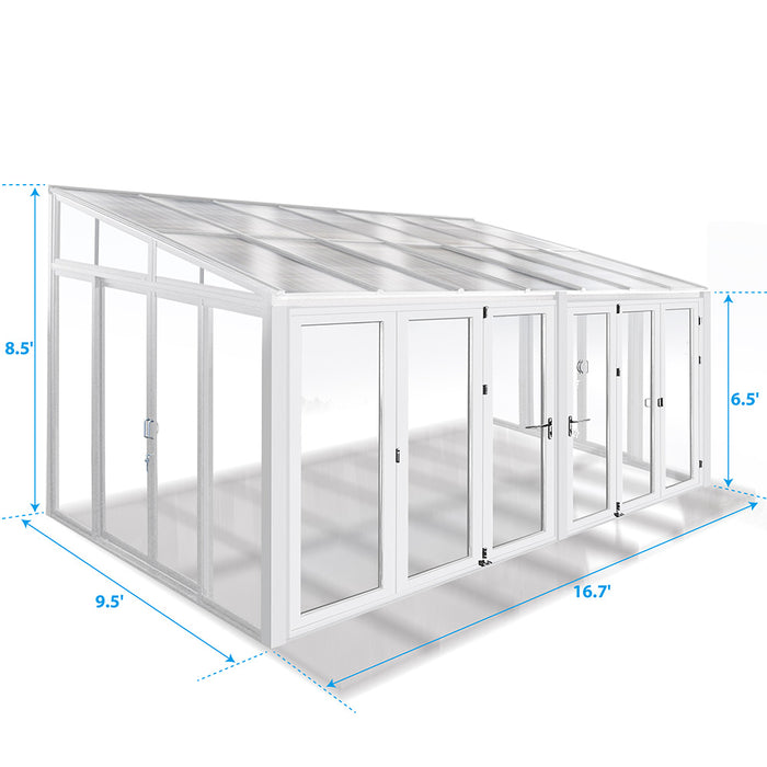 Tempered Glass Sunroom with Bi-Fold Doors Greenhouse Home Addition - White (16.7' Wide)