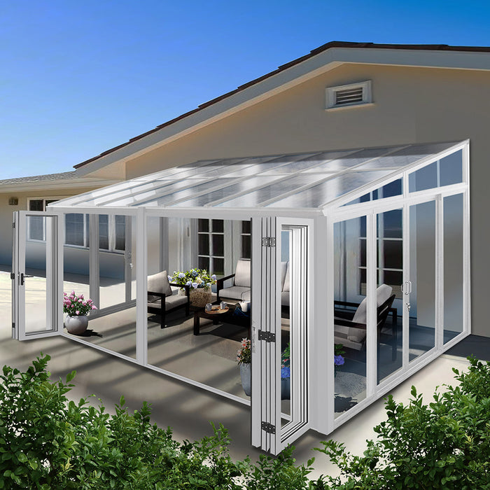 Tempered Glass Sunroom with Bi-Fold Doors Greenhouse Home Addition - White (16.7' Wide)
