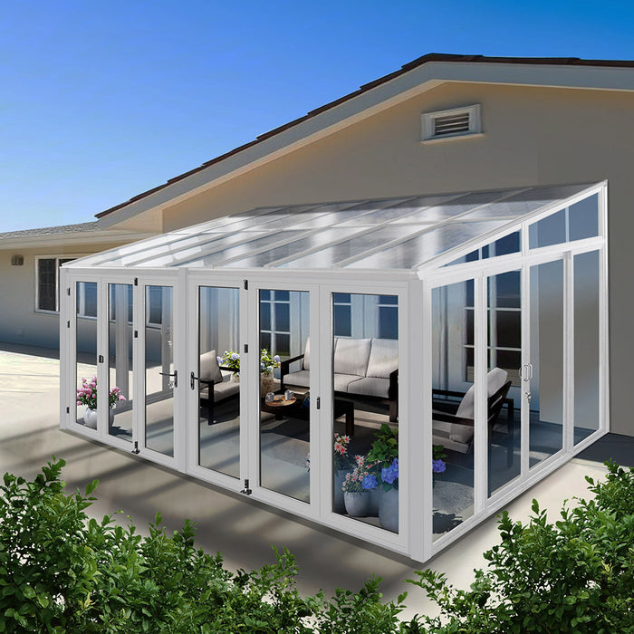 Tempered Glass Sunroom with Bi-Fold Doors Greenhouse Home Addition - White (16.7' Wide)