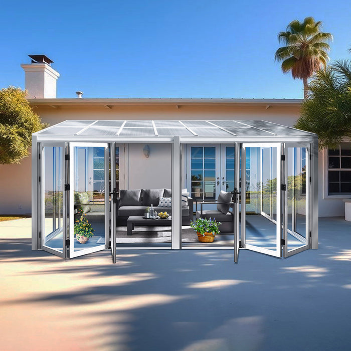 Tempered Glass Sunroom with Bi-Fold Doors Greenhouse Home Addition - White (16.7' Wide)