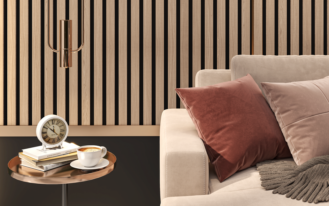 White Oak Wood Slat Wall Panels with Black Accents – Stout Profile (94" & 106" Lengths)