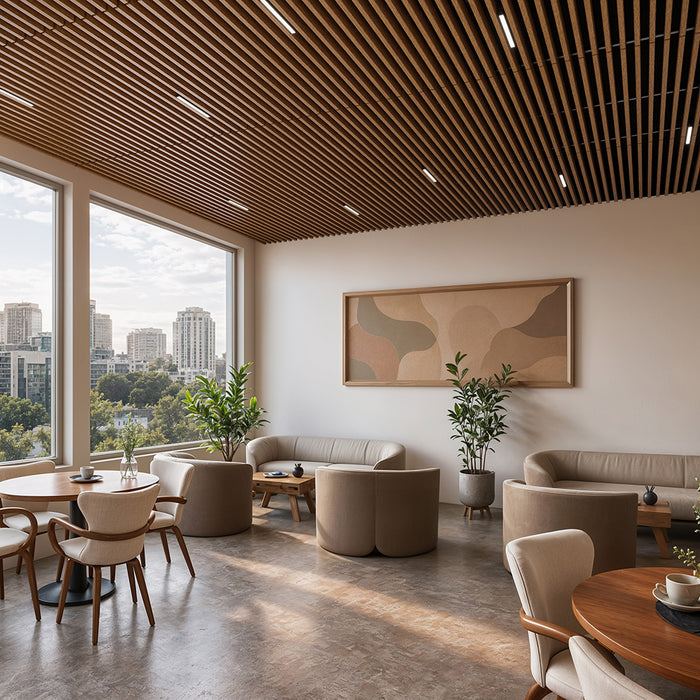 Warm Light Maple Acoustic Drop Ceiling Baffles, Sound Dampening & Echo Reduction