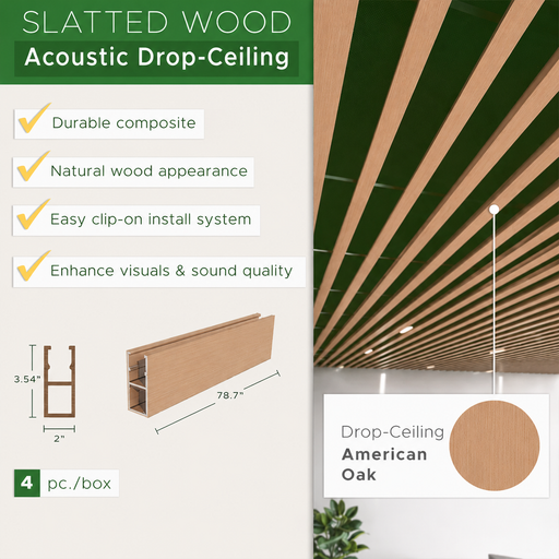 American Oak - Suspended Slatted Wood Ceiling System Infographic