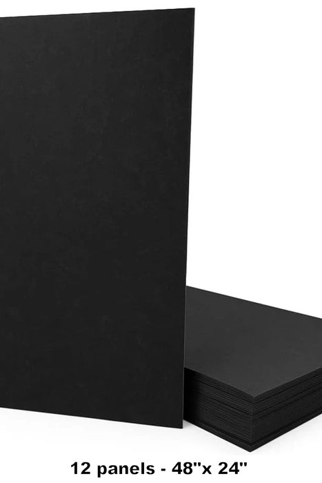 Stack of black panels with dimensions 48" x 24" on a white background