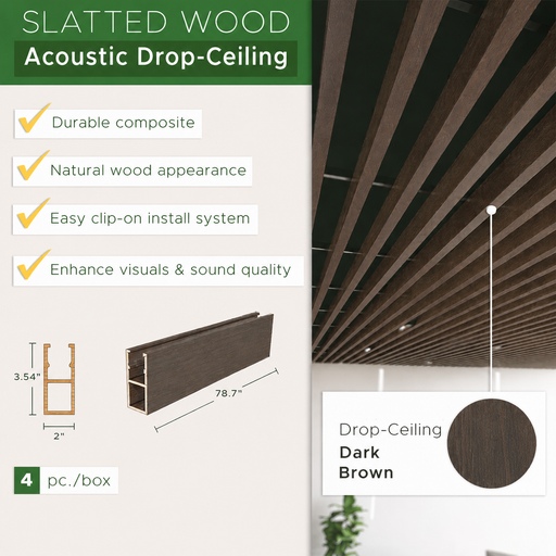 Dark Brown - Suspended Slatted Wood Ceiling System infographic