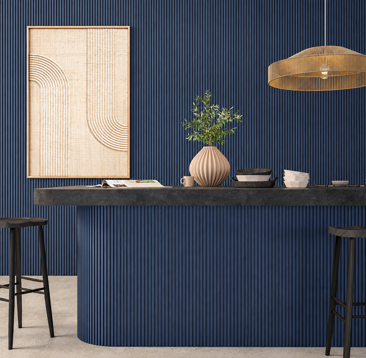 Navy Blue Square-Groove Wood Panels -- Flexible 1/2" Fluted Fins for Interior Walls