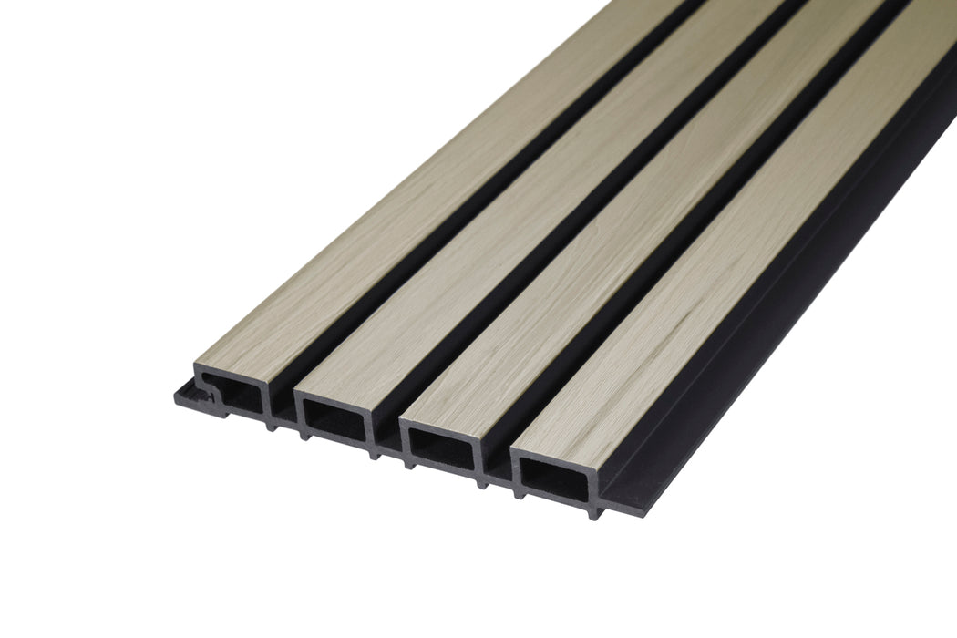 Glacier Oak With Black Accents – All-Weather Composite Slat Panel System for Outdoor Siding