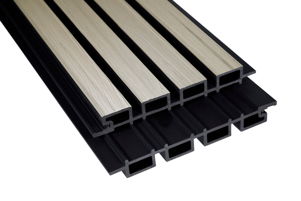 Glacier Oak With Black Accents – All-Weather Composite Slat Panel System for Outdoor Siding