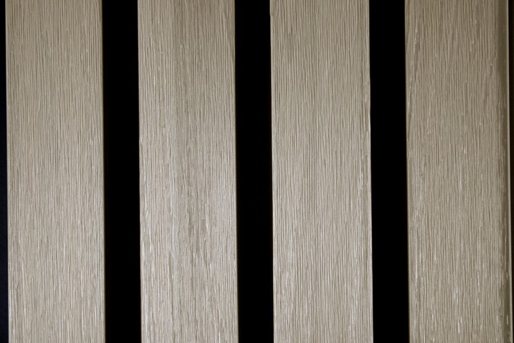 Glacier Oak With Black Accents – All-Weather Composite Slat Panel System for Outdoor Siding