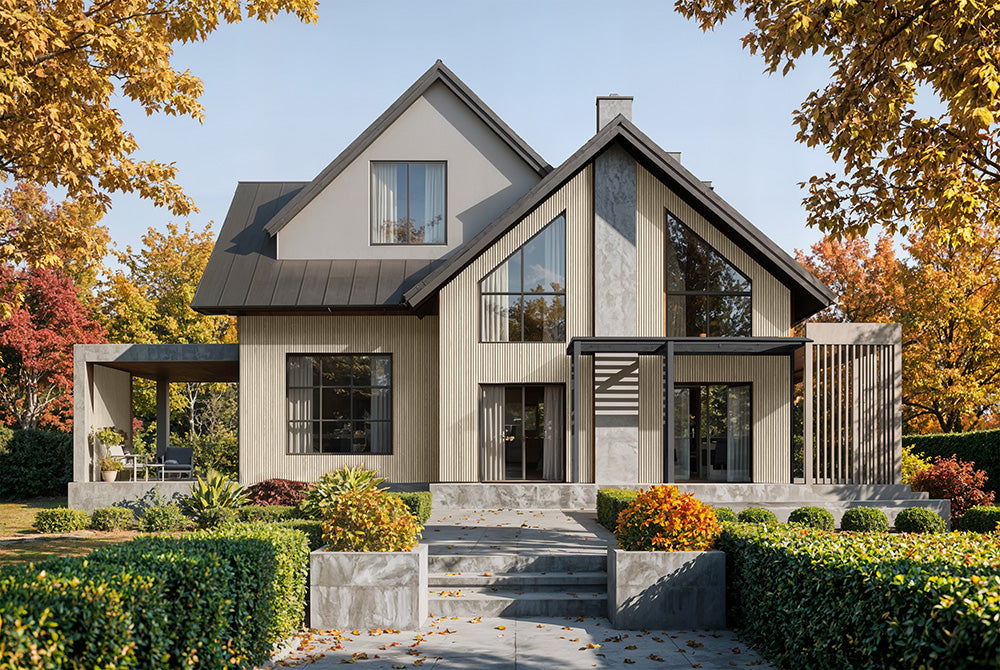 Glacier Oak With Black Accents – All-Weather Composite Slat Panel System for Outdoor Siding