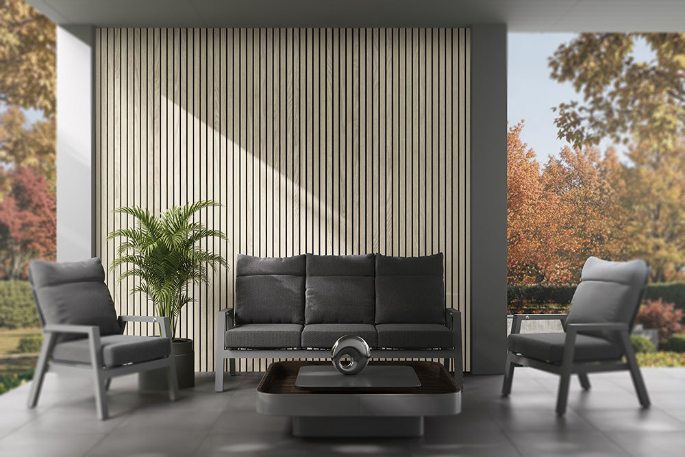 Glacier Oak With Black Accents – All-Weather Composite Slat Panel System for Outdoor Siding