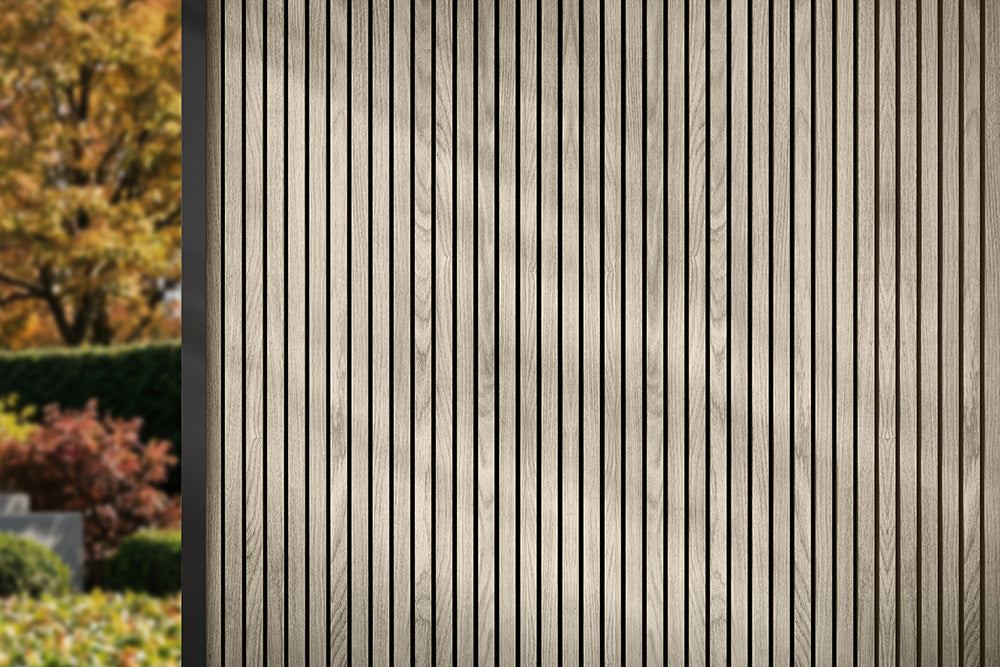 Glacier Oak With Black Accents – All-Weather Composite Slat Panel System for Outdoor Siding