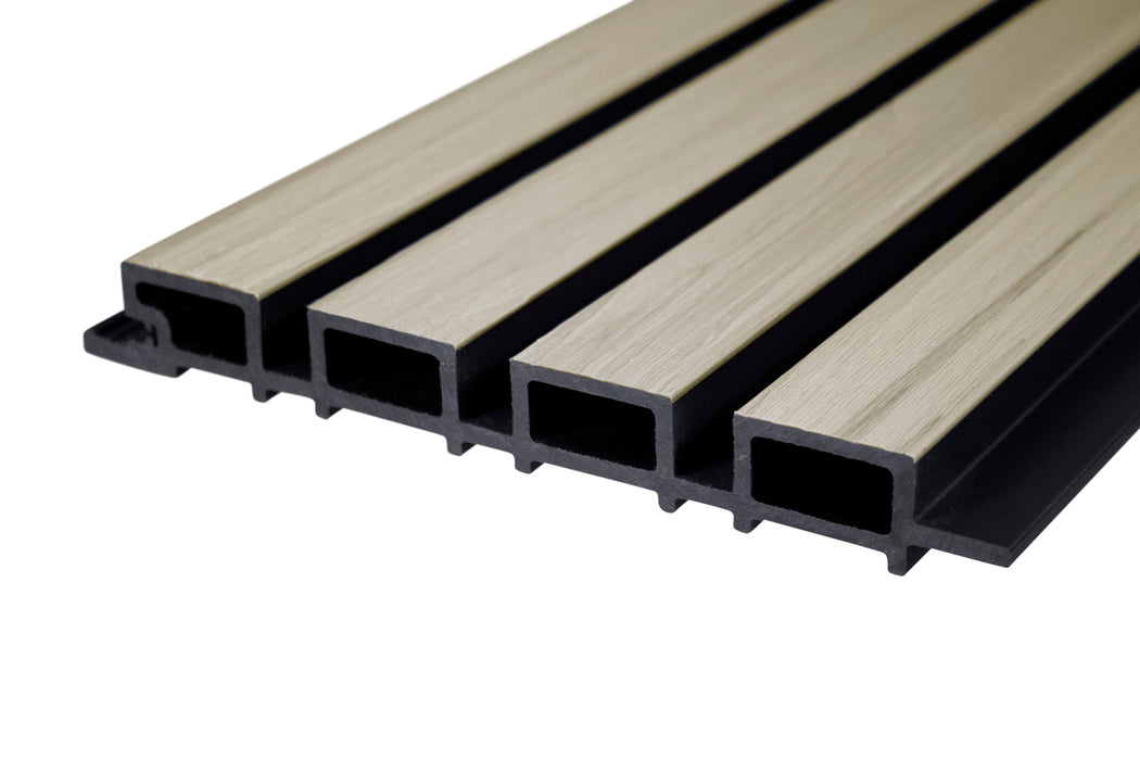 Glacier Oak With Black Accents – All-Weather Composite Slat Panel System for Outdoor Siding