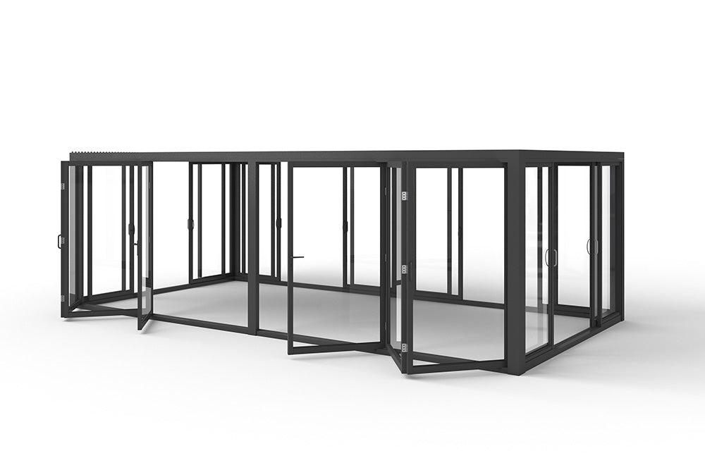 Cielo Cabana™ Grand Pavilion Luxury Glass Pergola with Dual Bi-Fold Walls & Louvered Roof – Black 20×10 ft