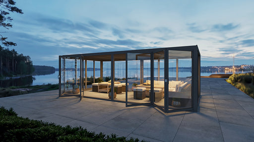 Cielo Cabana™ Grand Pavilion Luxury Glass Pergola with Dual Bi-Fold Walls & Louvered Roof – Black 20×10 ft