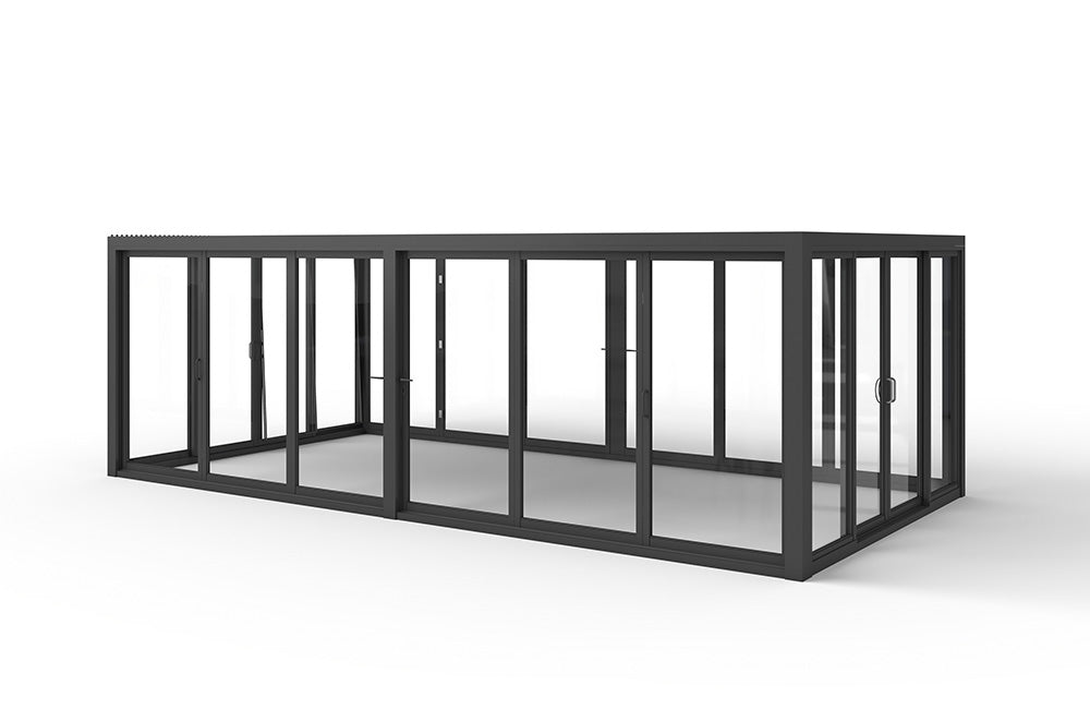 Cielo Cabana™ Grand Pavilion Luxury Glass Pergola with Dual Bi-Fold Walls & Louvered Roof – Black 20×10 ft