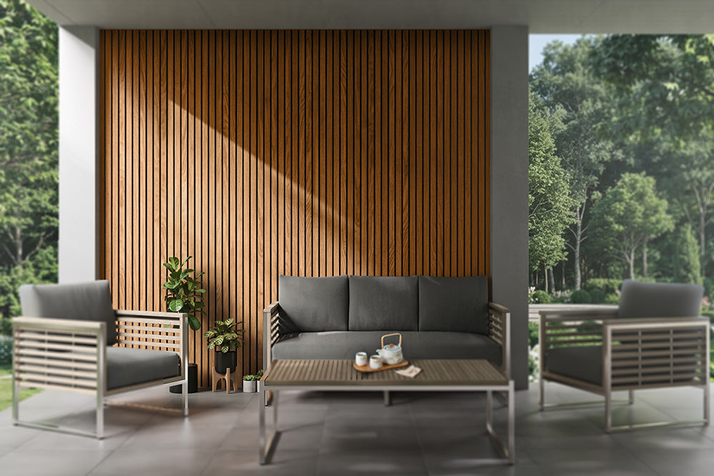 Honey Oak Composite Siding Panel on a wall