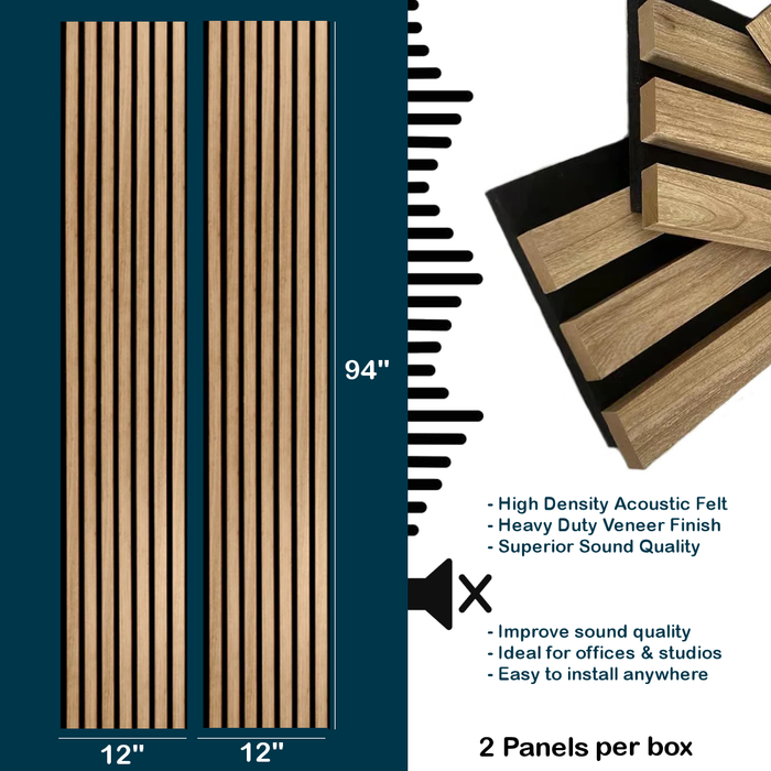 Light Walnut Acoustic Wall Panels for Soundproofing Rooms | 94 x 12 - 2 pieces per box