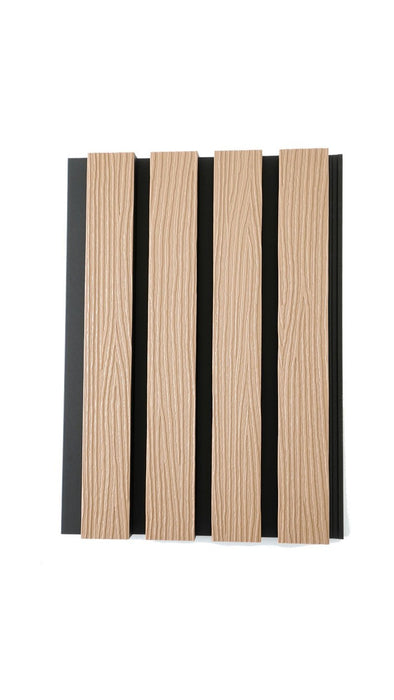 Maple Exterior Slat Wall Paneling With Black Accents and Embossed Wood-Effect Composite Siding