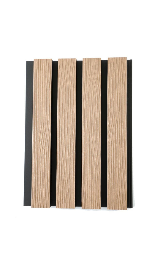 Maple Exterior Slat Wall Paneling With Black Accents and Embossed Wood-Effect Composite Siding