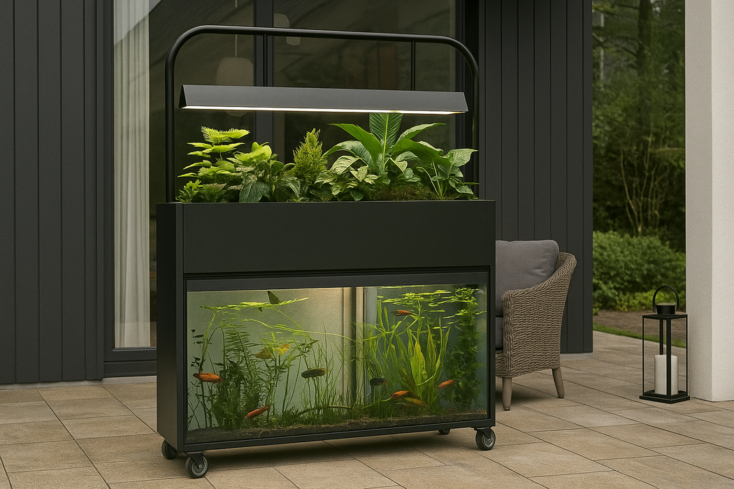 Innovative Planter Aquarium Tank – Mobile DIY Metal Planter with Lights, Feeder & Décor