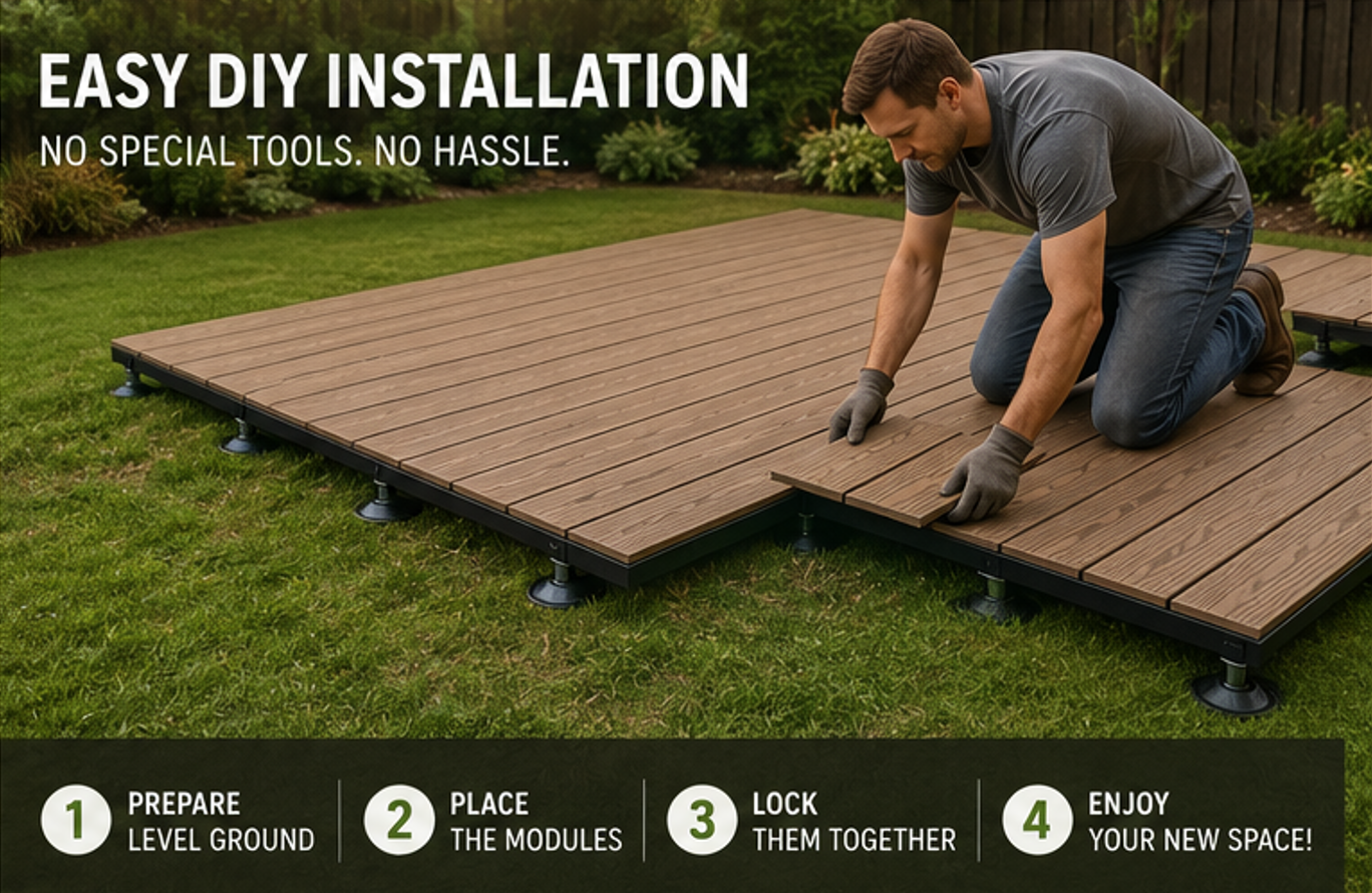 Teak WPC Modular Deck Tiles – 39.4" x 39.4" Interlocking Composite Decking Panels for Patios &amp; Rooftops
