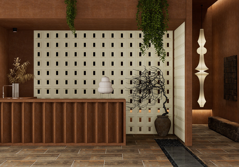 Beige PU Hollow Brick Wall Panels – Modern Room Divider & Decorative Outdoor Privacy Screen