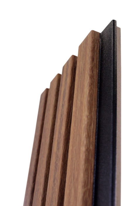 Teak Wood Slat Wall Panels with Black Accents – Stout Profile (94" & 106" Lengths)